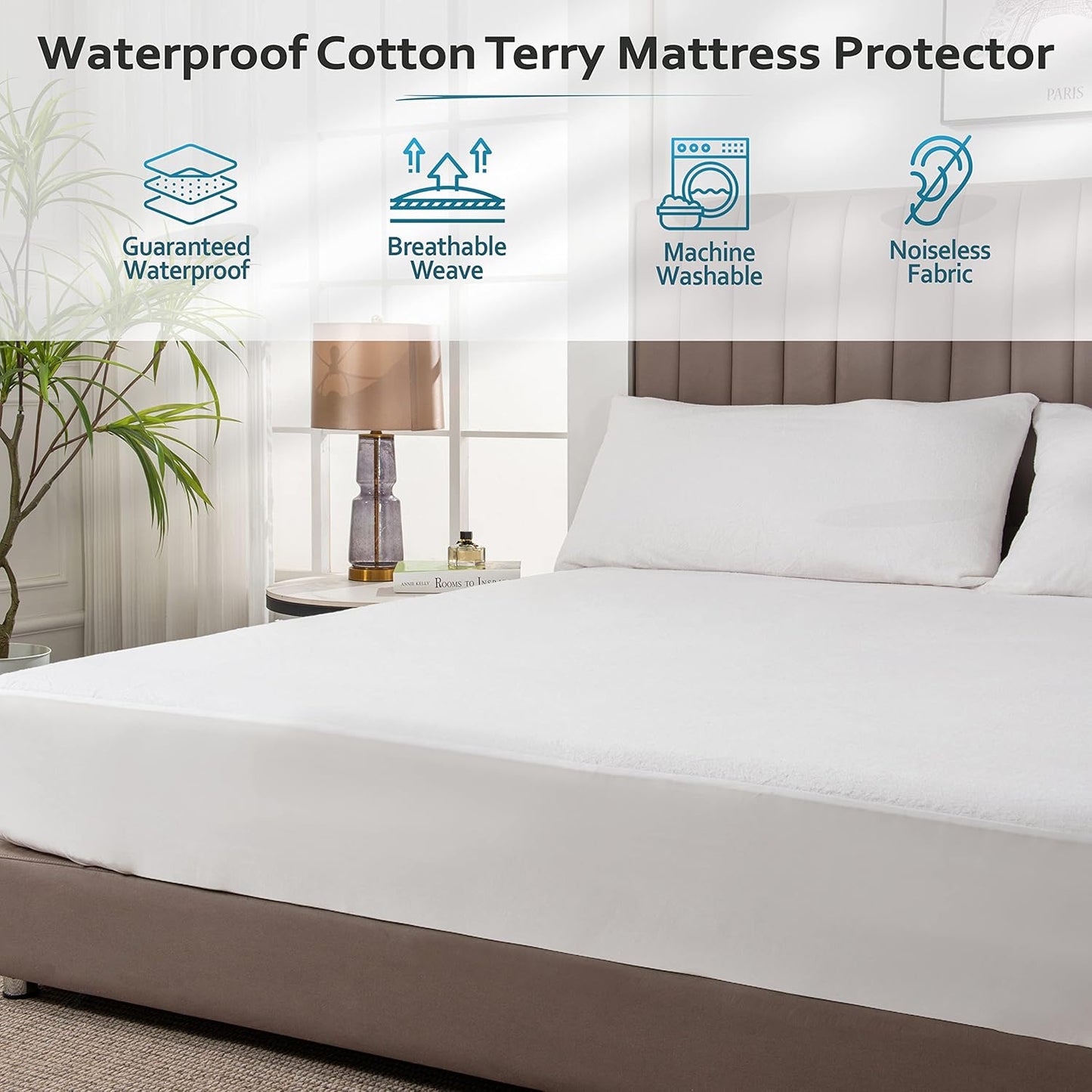 PlushDeluxe Twin Cotton Mattress Protector - Waterproof Fitted Sheet Design for Noiseless Sleep - Soft & Durable