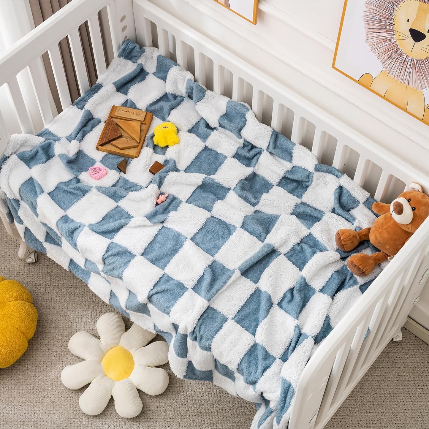 Skiennix Fleece Baby Blanket - 3D Checkerboard Design, Cozy & Fluffy for Infants | 30x40 Inches, Blue