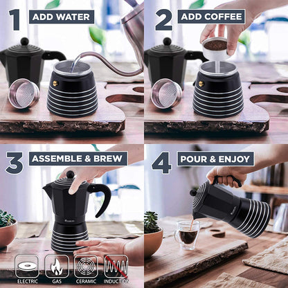 RAINBEAN Moka Pot 6 Cup Set Espresso Maker, Steam Italian Stovetop Coffee Makers Percolator, Aluminum Ripple Ring Design, Easy To Use & Clean, 2 Ceramic Cups | Stainless Spoon | Black