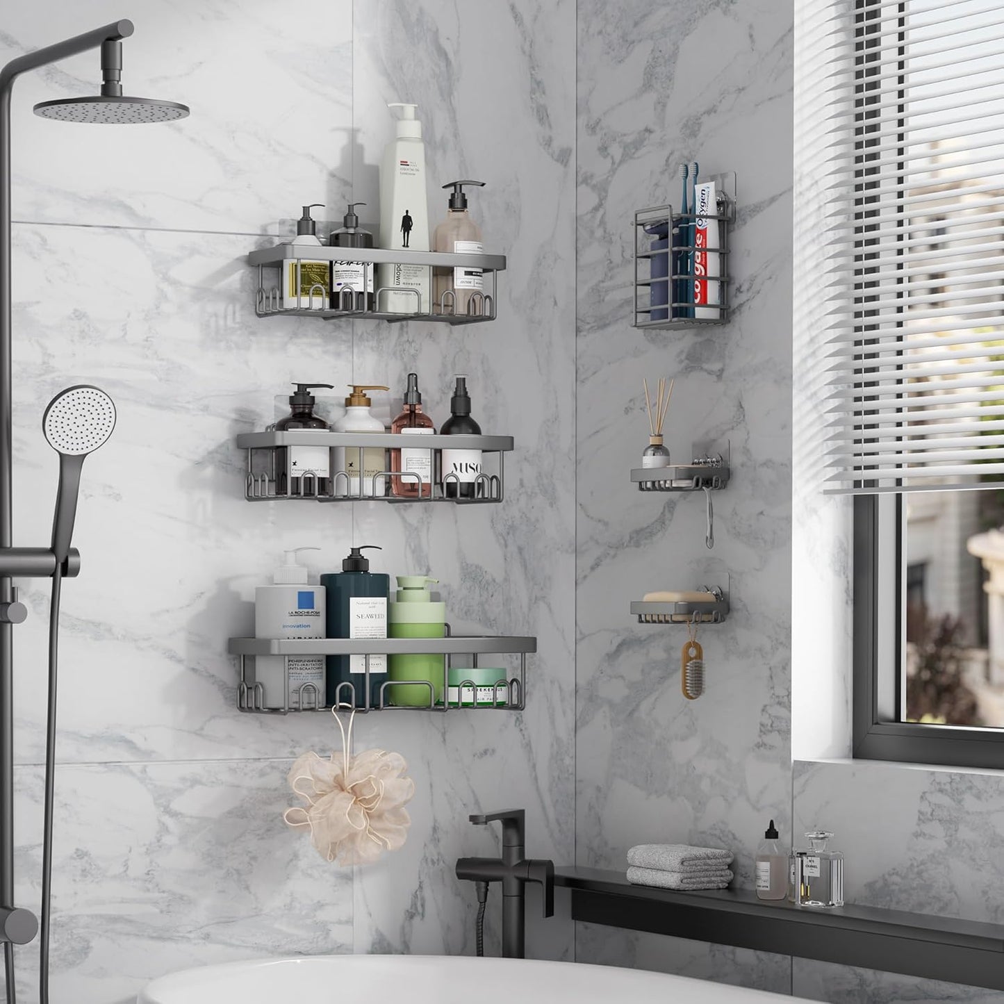 Veken Shower Caddy - 6-Pack Rustproof & Waterproof Adhesive Shelves | Large Capacity Bathroom Organizers - Light Grey