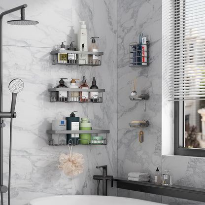Veken Shower Caddy - 6-Pack Rustproof & Waterproof Adhesive Shelves | Large Capacity Bathroom Organizers - Light Grey