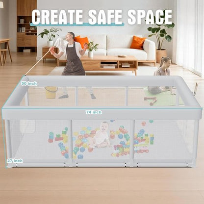 Hiaksedt Baby Playpen - 74x50 Inch Indoor & Outdoor Play Yard with Breathable Mesh Safety Design