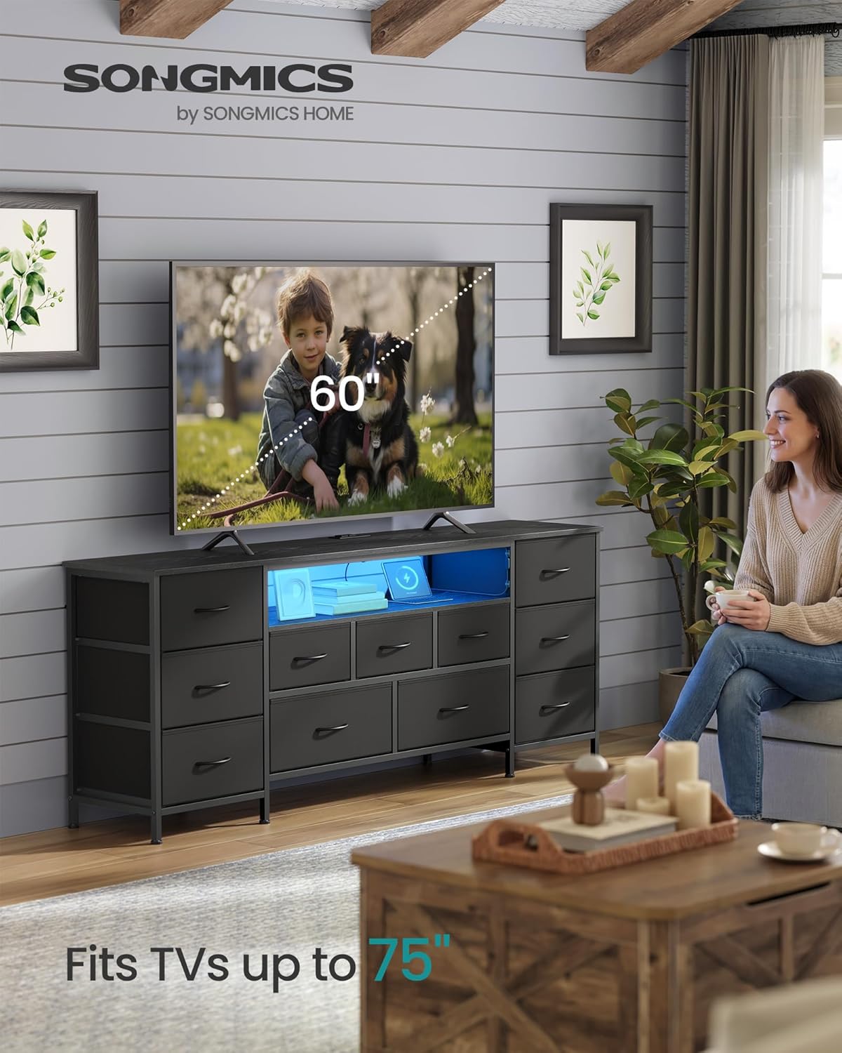 SONGMICS TV Stand - Modern Dresser for TVs Up to 70 Inches | 11 Drawers & Shelf in Ink Black