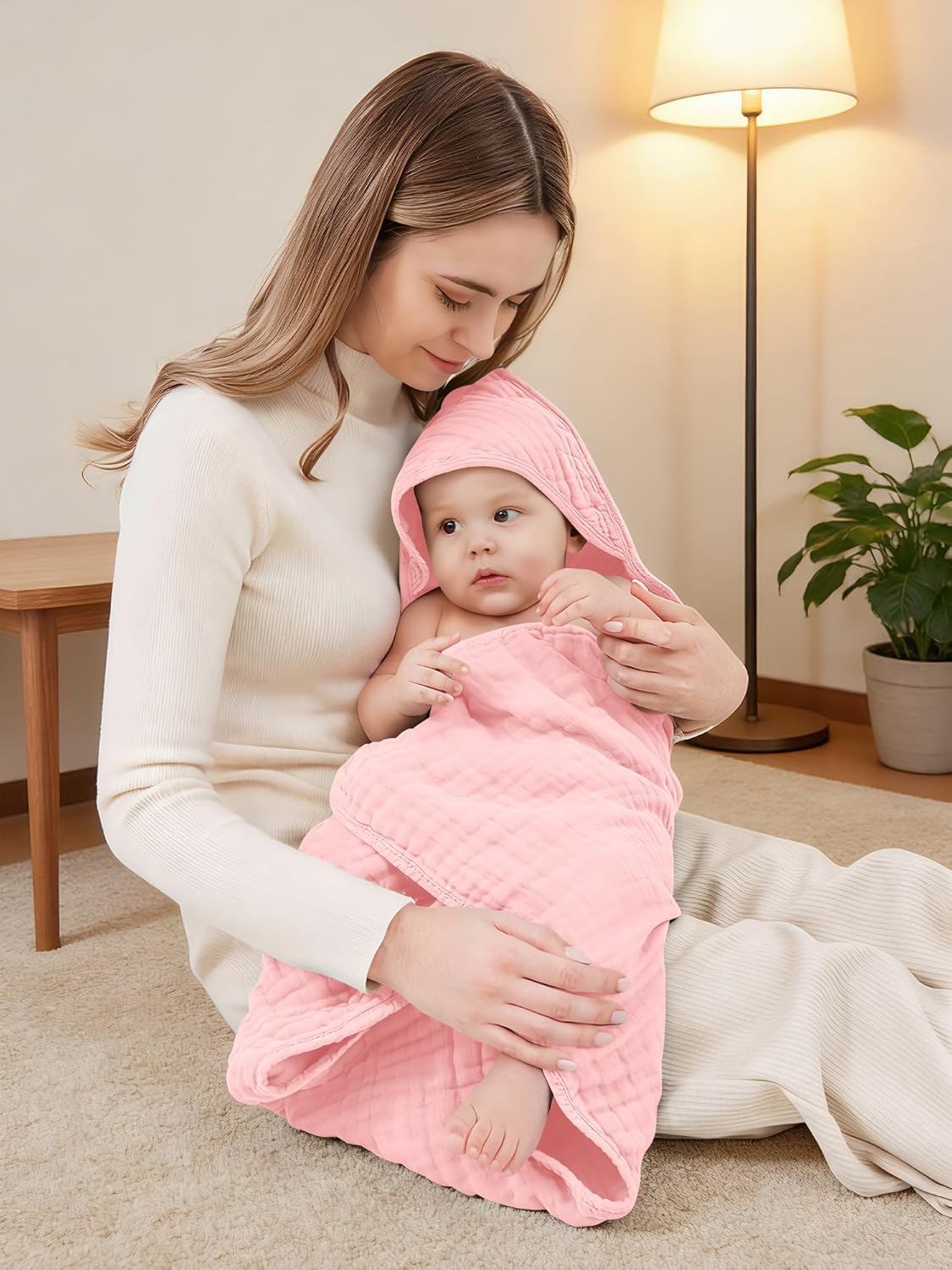 Skiennix Muslin Hooded Baby Bath Towels - Ultra-Soft 100% Cotton - 3 Pack, 32x32 Inch, Pink Series