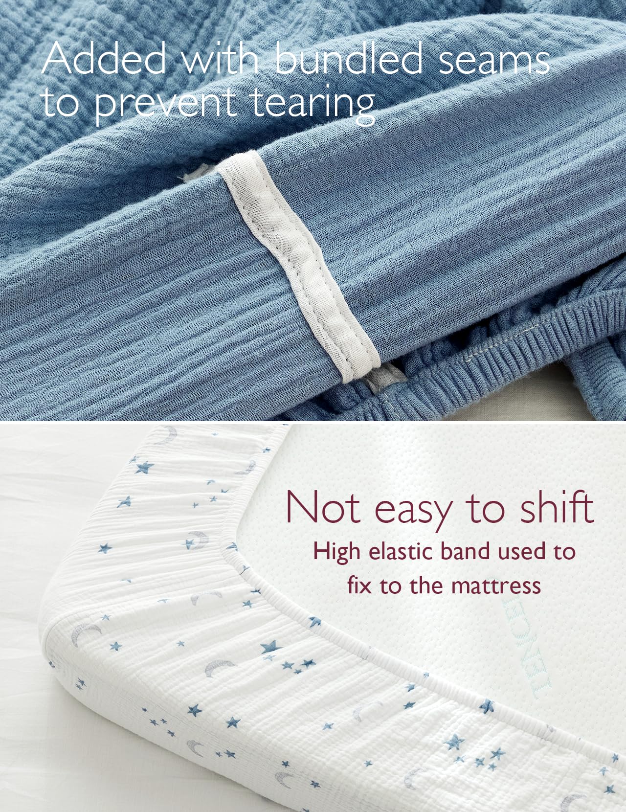 Momcozy Muslin Standard Fitted Crib Sheets, 52"x28", 2 Pack Soft Breathable Natural Cotton Baby Mattress Sheet, 360° Mattress Wrapping No Slip Boys Girls Neutral Toddler Bed Sheet, Blue Star Moon
