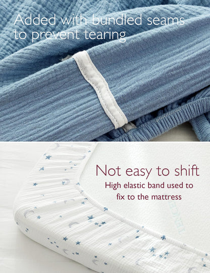 Momcozy Muslin Standard Fitted Crib Sheets, 52"x28", 2 Pack Soft Breathable Natural Cotton Baby Mattress Sheet, 360° Mattress Wrapping No Slip Boys Girls Neutral Toddler Bed Sheet, Blue Star Moon