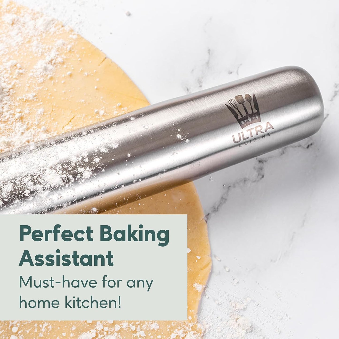 Ultra Cuisine French Rolling Pin - Tapered Design for Baking Pizza, Cookies & Pastries | 15.75-Inch Stainless Steel