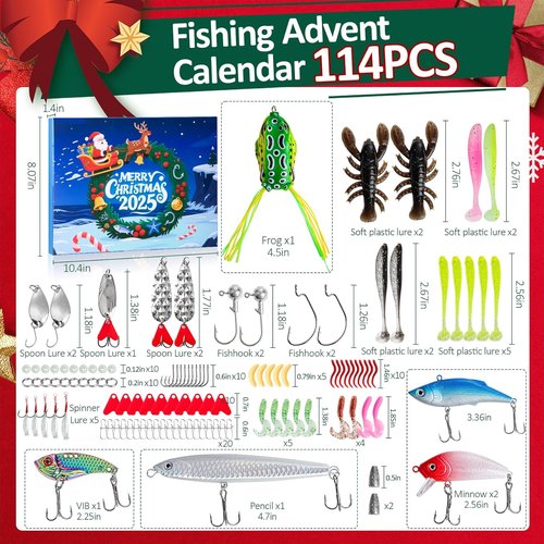 Fishing Advent Calendar 2025 - 24 Days of 114 Pcs Fishing Lures Set | Perfect Xmas Gift for Men & Teens