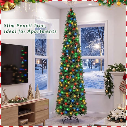NEWBULIG 9 ft Pencil Christmas Tree - Green with Multicolor LED Lights, 1100 Tips, 8 Modes, Slim Pre-Lit