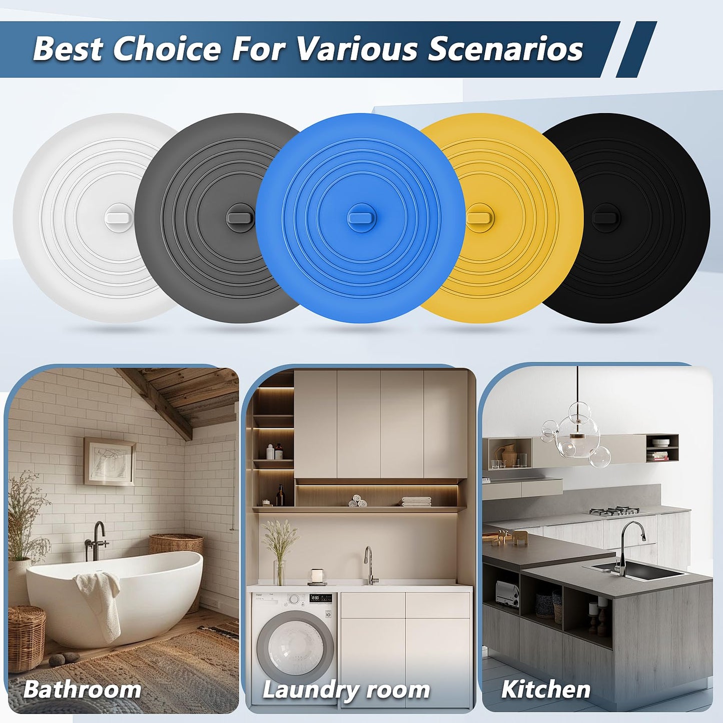 Tub Stopper 5 Pack 6 Inch Silicone Universal Drain Stopper Plug Cover, Flat Suction Bathtub Tub Stopper Bathtub Plug for Bathroom Kitchen Laundry in 5 Colors (White, Grey, Black, Yellow, Blue)