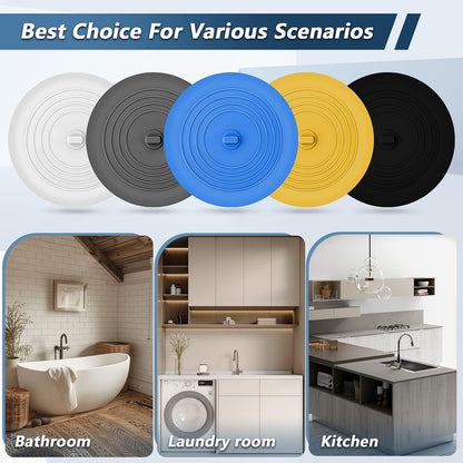 Tub Stopper 5 Pack 6 Inch Silicone Universal Drain Stopper Plug Cover, Flat Suction Bathtub Tub Stopper Bathtub Plug for Bathroom Kitchen Laundry in 5 Colors (White, Grey, Black, Yellow, Blue)
