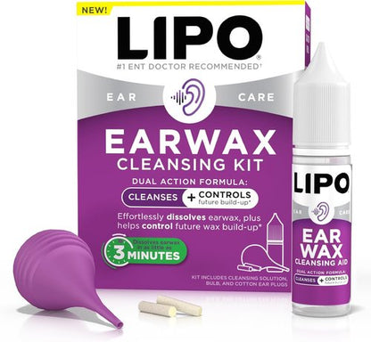 Lipo Earwax Cleansing Kit - Fast-Acting Earwax Removal Drops, Bulb Syringe & Cotton Plugs, Safe & Gentle