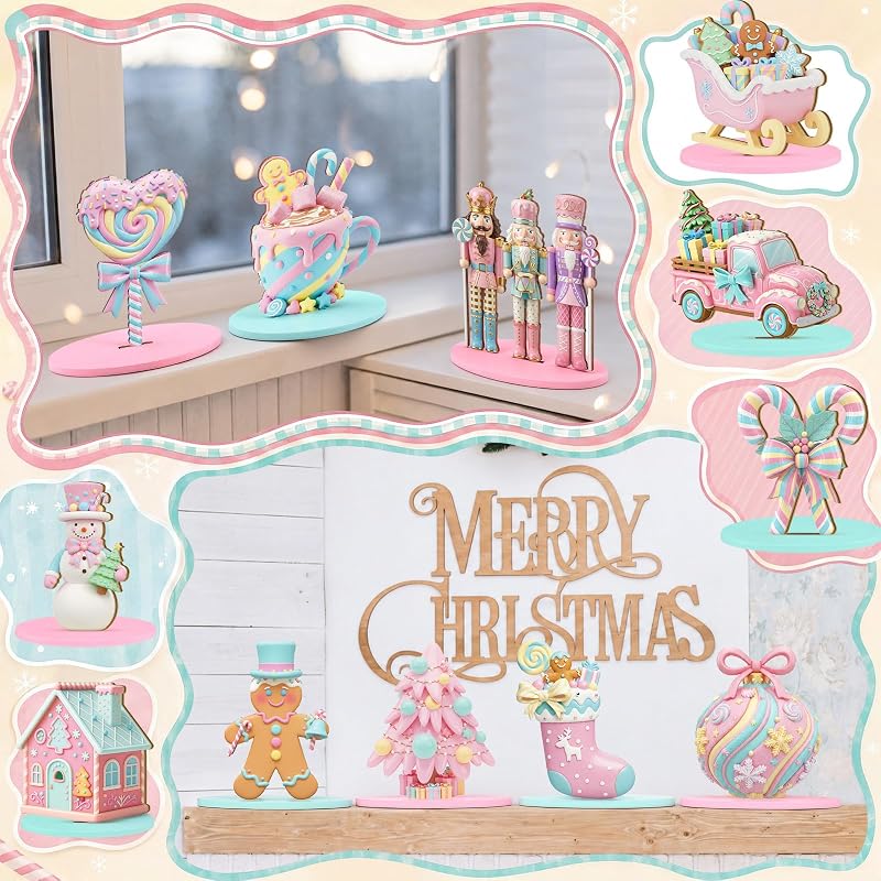 Candy Themed Christmas Table Decor Set, 12 Wooden Centerpieces – Pink Pastel Nutcracker, Snowman, Truck & Gingerbread (Variation: Candy)