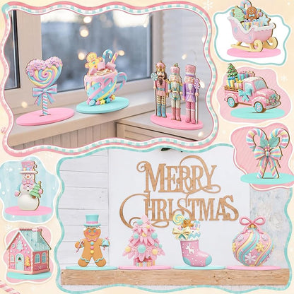 Candy Themed Christmas Table Decor Set, 12 Wooden Centerpieces – Pink Pastel Nutcracker, Snowman, Truck & Gingerbread (Variation: Candy)