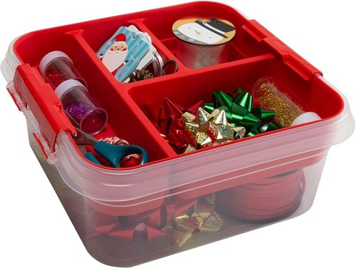 Gift Supply Storage Box by Simplify - 5 Compartment Design with Clear Top Lid | 2-Tier Red Box | 9.5” x 9.5” x 4.5”