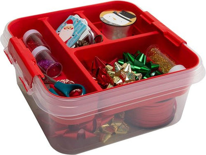 Gift Supply Storage Box by Simplify - 5 Compartment Design with Clear Top Lid | 2-Tier Red Box | 9.5” x 9.5” x 4.5”