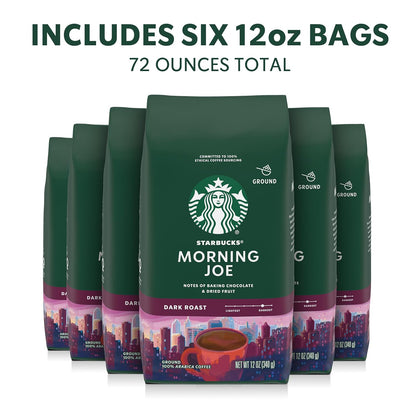 Starbucks Ground Coffee - Dark Roast for Hot or Iced Coffee | Six 12 oz Bags of Morning Joe