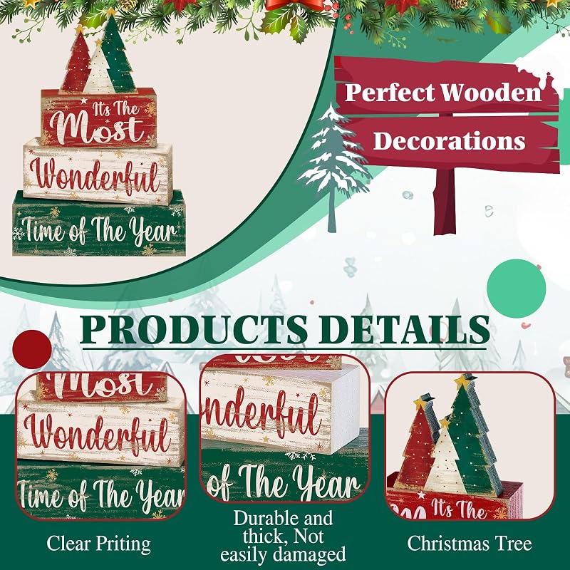 Moucuny 4 Pcs Christmas Tree Table Decorations - Wooden Blocks Signs, Tree Variation