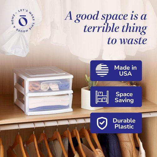 HOMZ 2-Pack Storage Cart - Clear Plastic Drawers, 14.25" Wide, White Frame | Versatile Organizing Solution for Home & Office