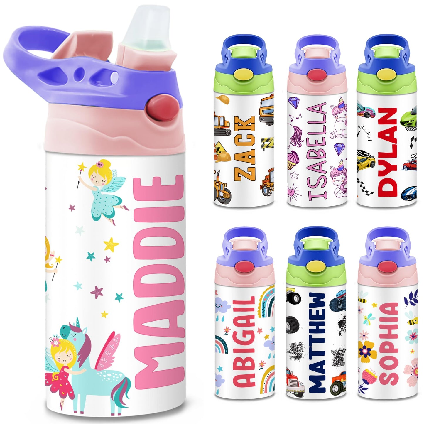 Personalized Kids Water Bottle | 12 Oz Double Wall Insulated Stainless Steel Tumbler | Custom Name Leak-Proof Cup with Straw | Back to School Gift for Toddlers, Children, Boys, Girls | Fairy