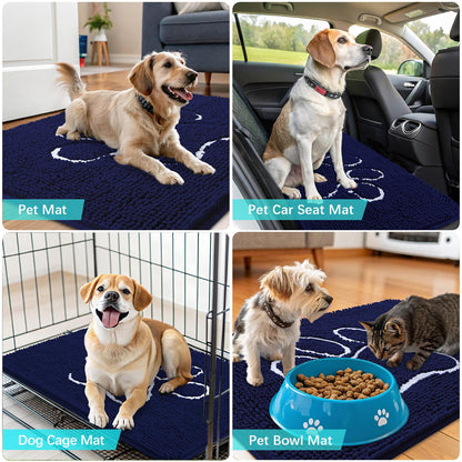 OLANLY Dog Door Mat for Muddy Paws 47x32, Paw Print Design, Absorbs Moisture and Dirt, Absorbent Non-Slip Washable Doormat, Quick Dry Chenille Mud Mat for Dogs, Entry Indoor Entryway Carpet, Navy Blue