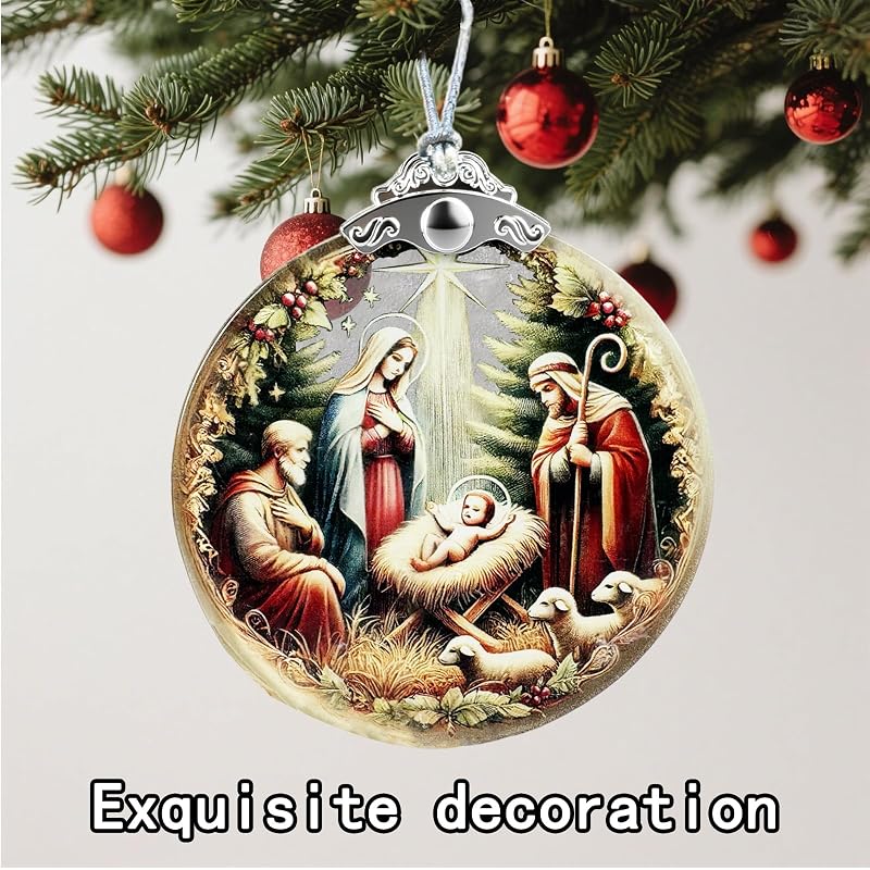 Nativity Scene Stained Glass Ornament - Flat Christmas Tree Hanging Ornament - Variation: Nativity
