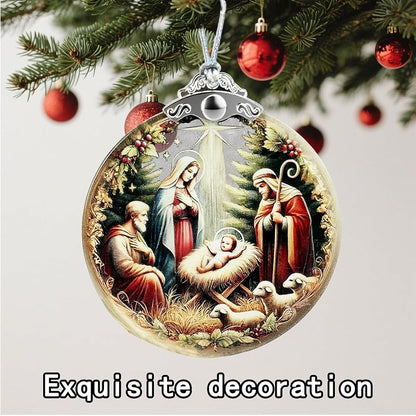Nativity Scene Stained Glass Ornament - Flat Christmas Tree Hanging Ornament - Variation: Nativity