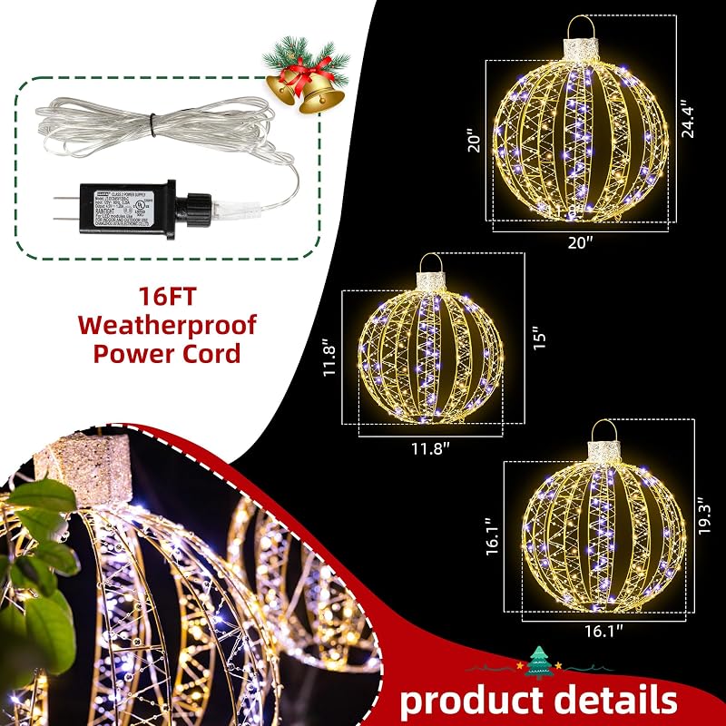 Gold 3 Pack Christmas Lighted Balls – 15/20/25in Outdoor Indoor LED Orbs (Variation: Gold/3 PCS)
