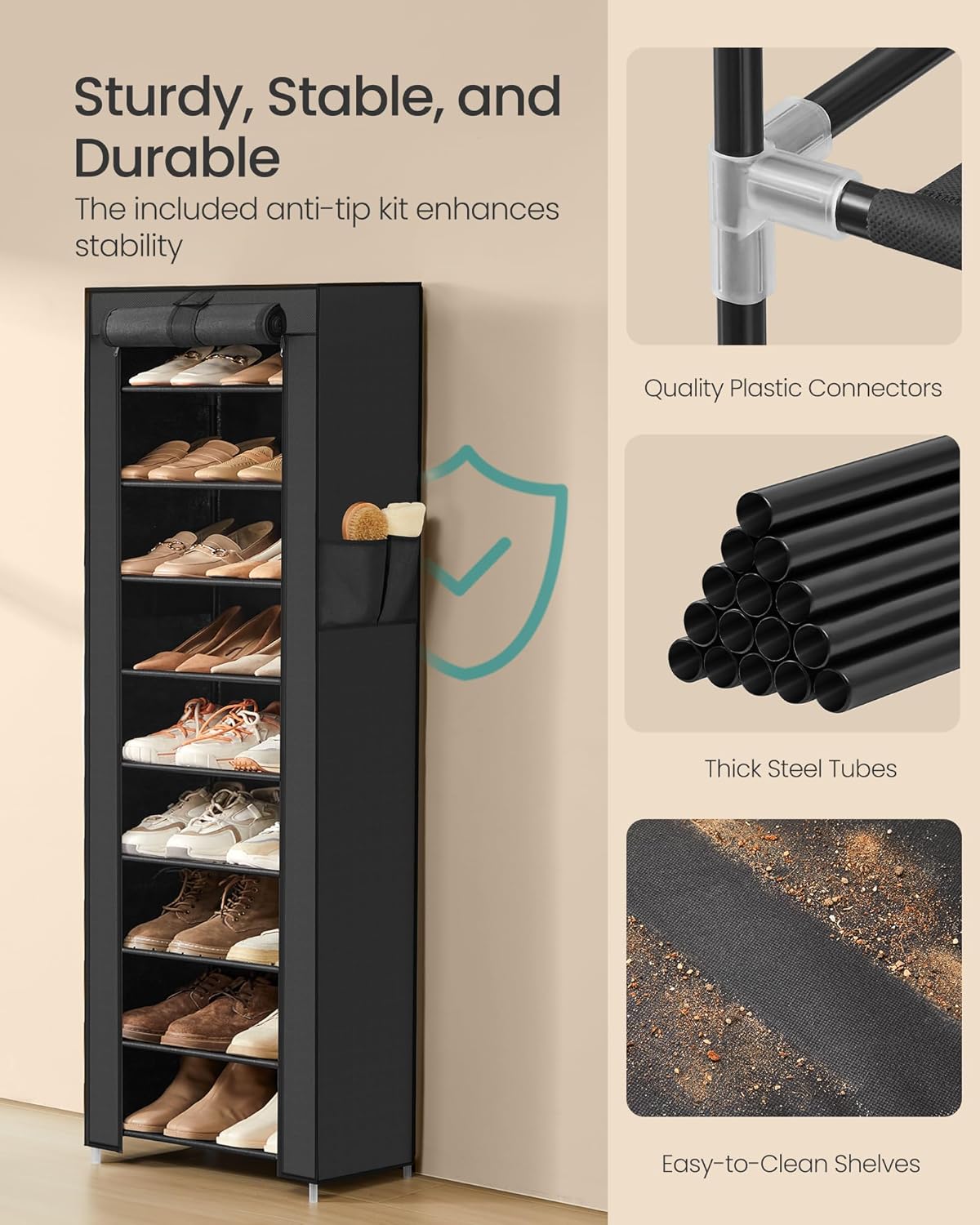 SONGMICS 10-Tier Shoe Rack - Dustproof Shoe Storage Cabinet | Holds 20 Pairs, Ideal for Sneakers & Heels, Black