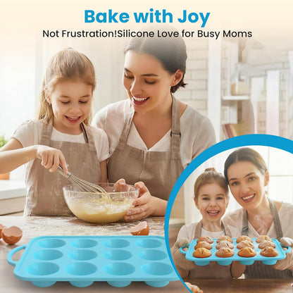Skiennix Silicone Muffin Pan - 12-Cup BPA-Free Baking Tray with Metal Reinforced Frame | Blue