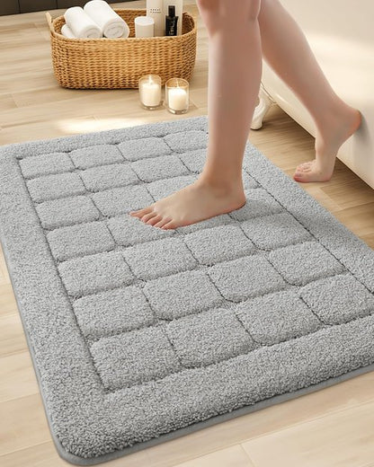 Color&Geometry Light Gray Checkered Bath Mat - Fluffy Absorbent Microfiber | Non-Slip 24x36 Bathroom Rug