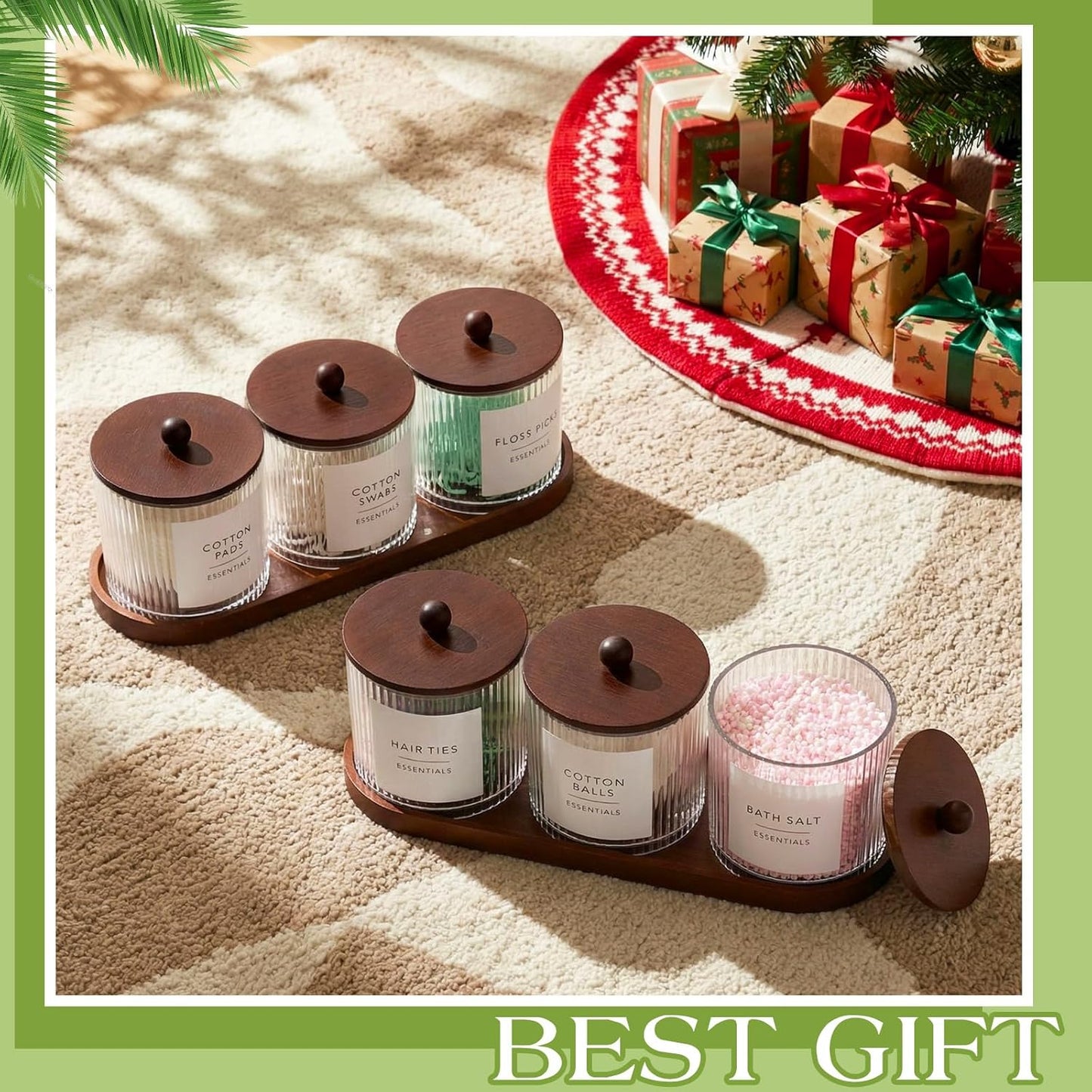 Vesici Bathroom Canisters Set - 6 Ribbed Apothecary Jars with Bamboo Lids & Trays | 18 oz Brown Storage Solution
