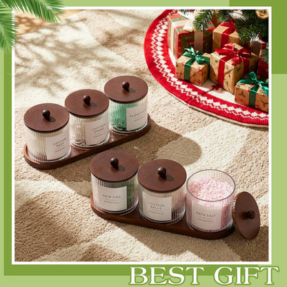 Vesici Bathroom Canisters Set - 6 Ribbed Apothecary Jars with Bamboo Lids & Trays | 18 oz Brown Storage Solution