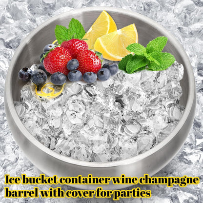 Yesland Ice Bucket with Lid, Double Insulation Ice Box Container Storage Box, 2 L Stainless Steel Ice Bucket Container with Ice Tong Scooper, Spherical Wine Champagne Barrel for Home Party Bar
