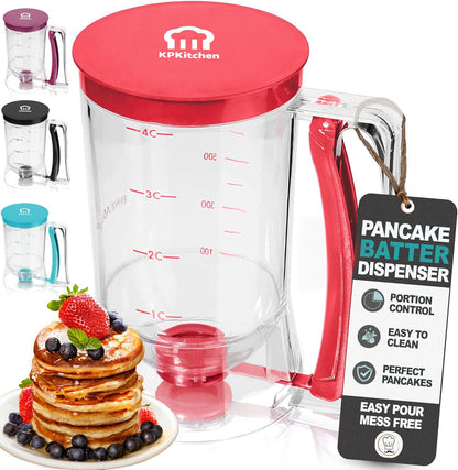 Skiennix Pancake Batter Dispenser - Easy Pour Tool for Perfect Pancakes, Waffles & Muffins - Red