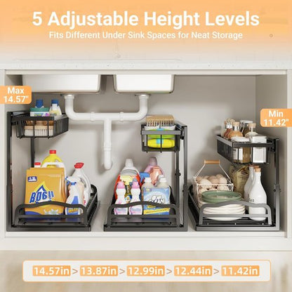 AceMining Under Sink Organizer - 2 Pack L-Shaped 2 Tier Storage with Sliding Drawer | Height Adjustable Metal for Kitchen & Bathroom