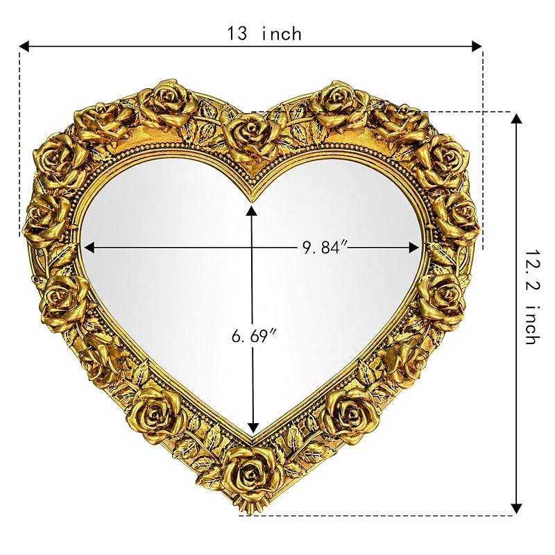 Antique Gold Heart Mirror with Rose Frame – Wall Decor 13 x 12.2 inches