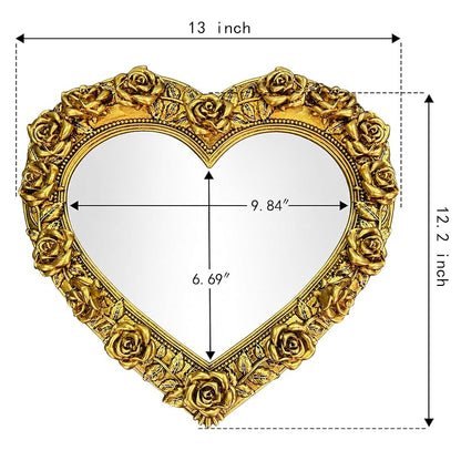 Antique Gold Heart Mirror with Rose Frame – Wall Decor 13 x 12.2 inches