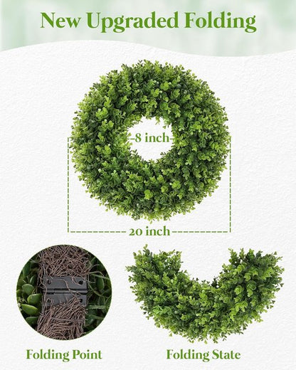 Boxwood Wreath - 20 Inch Artificial Green Front Door Decor for All Seasons | Spring & Summer Style