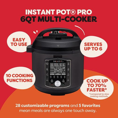 Instant Pot Pro 10-in-1 Pressure Cooker - Versatile Slow Cooker & Steamer | 6 Quart, Black, 800+ Recipes