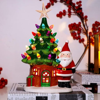 Juegoal Lighted Ceramic Christmas Tree - 11" Pre-Lit Tabletop Decoration with Santa & Multicolor Bulbs