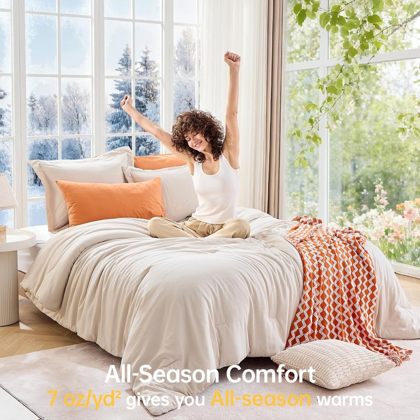 MUXHOMO Queen Size Comforter Set - Beige 3-Piece Solid Bedding for All Seasons | Lightweight Down Alternative (90"x90")