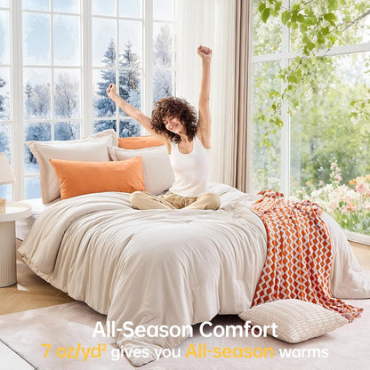 MUXHOMO Queen Size Comforter Set - Beige 3-Piece Solid Bedding for All Seasons | Lightweight Down Alternative (90"x90")