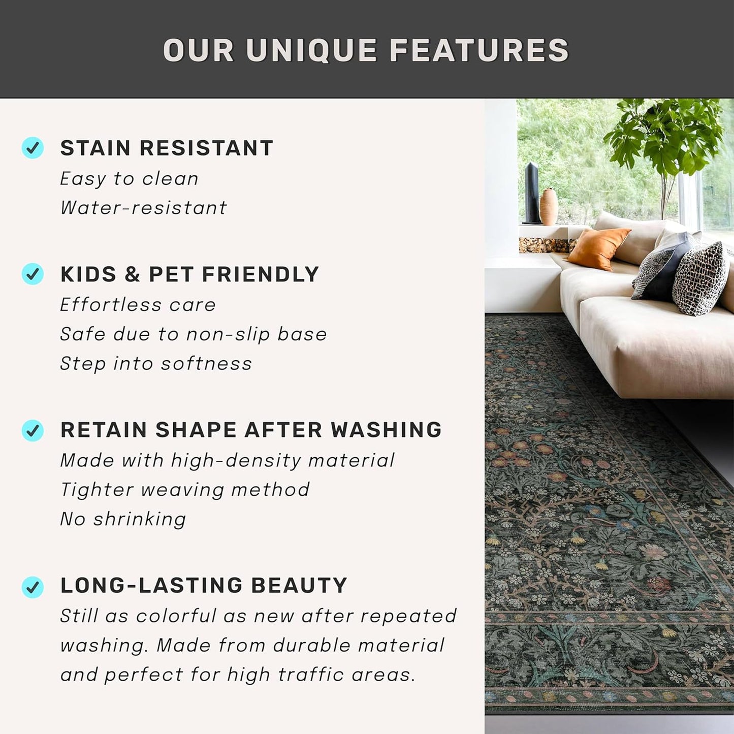Boho Vintage Floral Kitchen Runner Rug - Non-Slip, Washable Rubber Backed | Dark Green Low Pile Carpet for Entryway & Hallway