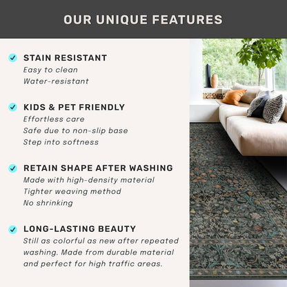 Boho Vintage Floral Kitchen Runner Rug - Non-Slip, Washable Rubber Backed | Dark Green Low Pile Carpet for Entryway & Hallway