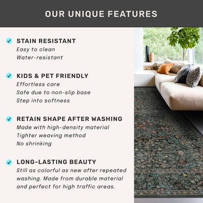 Vintage Floral Dark Green 3x5 Area Rugs for Entryway, Kitchen, Bedroom Beside Rug, Laundry Room, Non-Slip Low Pile Ultra Soft Stain Resistant Small Carpet