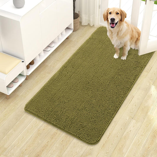 OLANLY Dog Door Mat - Absorbent Non-Slip Chenille for Muddy Paws | 40x24 Inches, Quick Dry, Willow Green