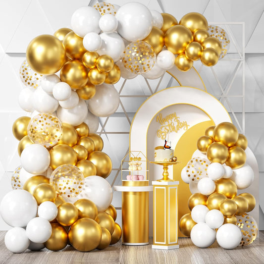 Bezente White Gold Balloon Arch Garland Kit - 100Pcs Metallic Chrome & Gold Confetti for Weddings & Parties