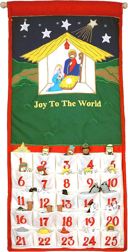Pockets of Learning Joy To The World Nativity Advent Calendar - Festive Fabric Countdown Wall Hanging