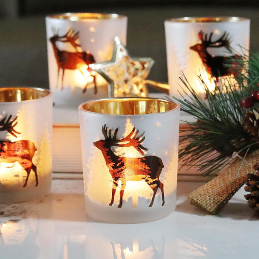 SHMILMH Christmas Votive Candle Holders - Set of 4 Gold & Silver Glass Tealight Holders for Festive Table Decor